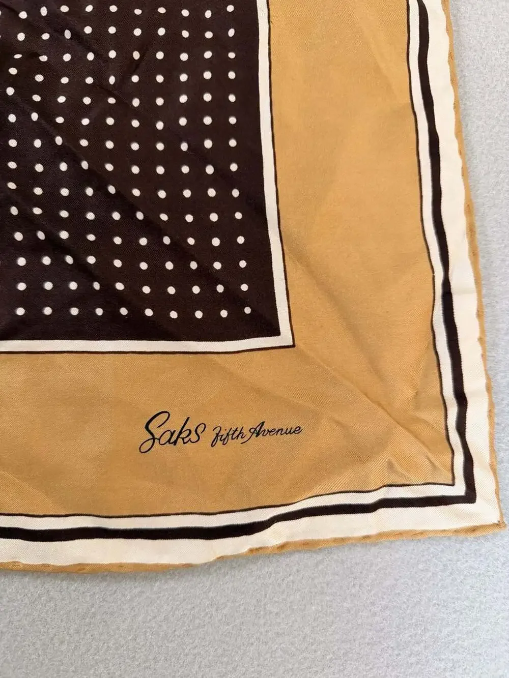 Saks Fifth Avenue Vintage Square Silk Scarf in Brown and Tan Polka Dot